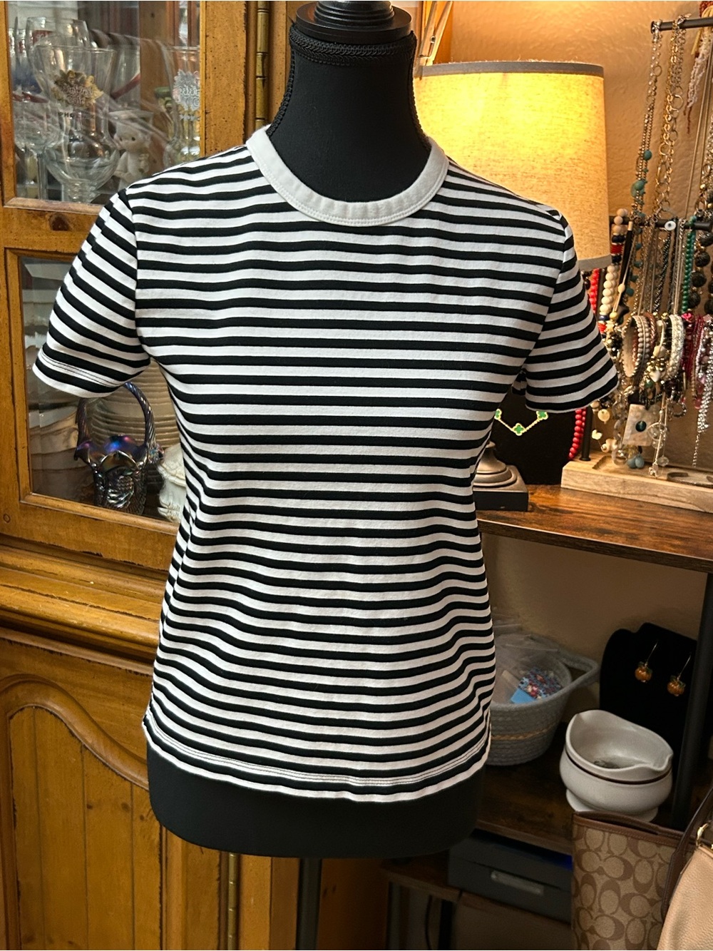 Zara Black and White Striped Short Sleeve Tee